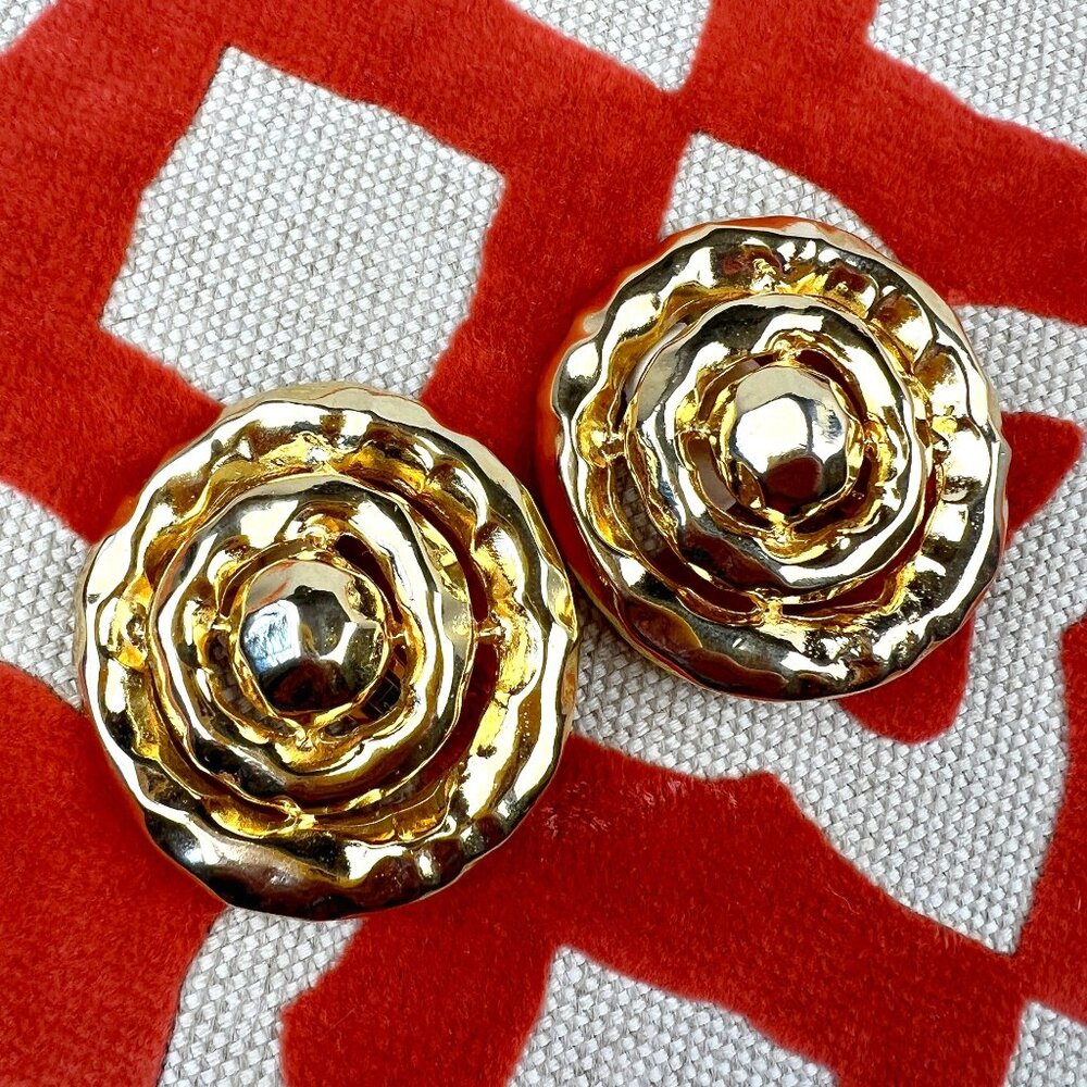 Vintage Brutalist Les Bernard HUGE Clip On Gold Earrings, Glam Dynasty 80s Era